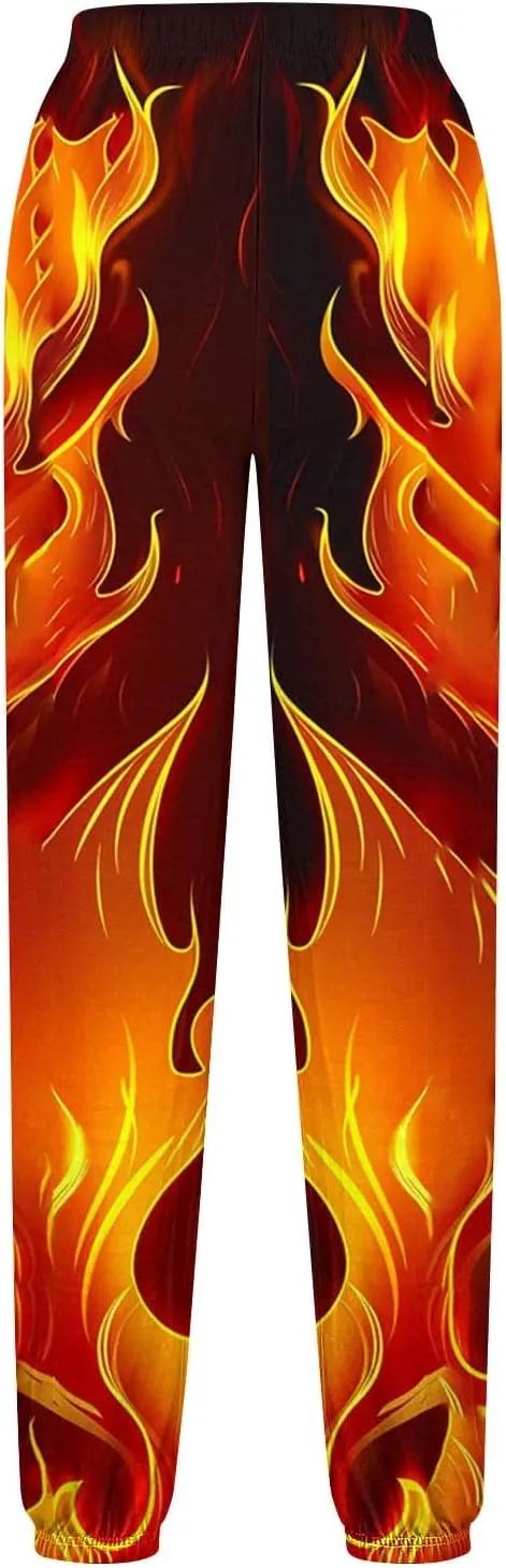 Sweatpants for Women Novelty Flame Printed Drawstring Waisted Cinch Bottom Joggers Baggy Lounge Pants with Pockets