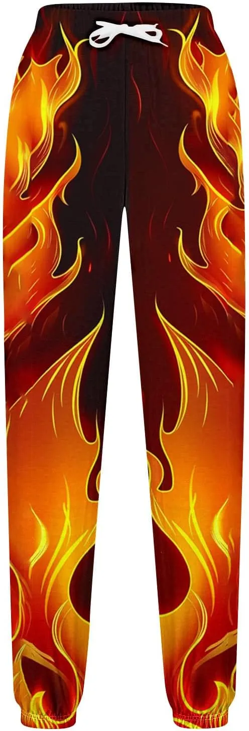 Sweatpants for Women Novelty Flame Printed Drawstring Waisted Cinch Bottom Joggers Baggy Lounge Pants with Pockets