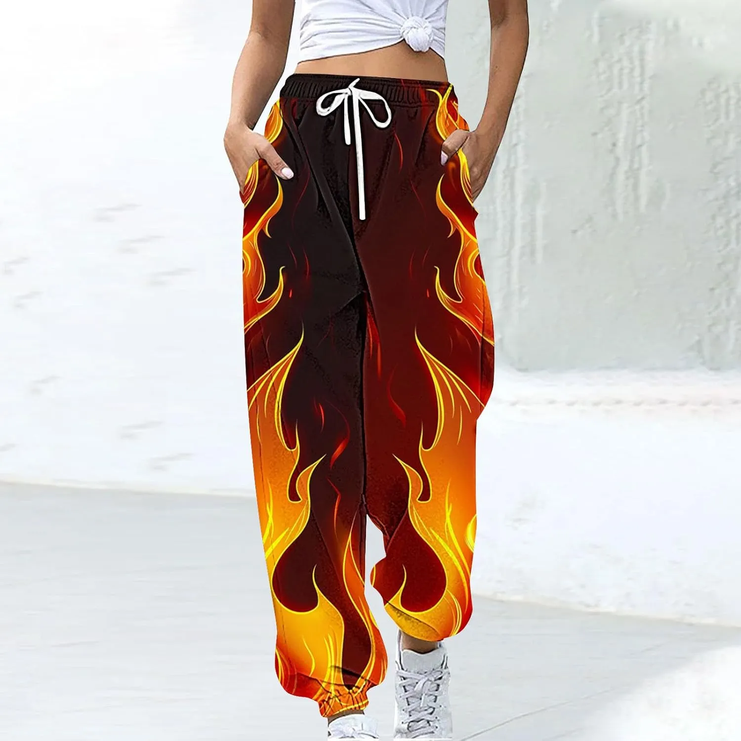 Sweatpants for Women Novelty Flame Printed Drawstring Waisted Cinch Bottom Joggers Baggy Lounge Pants with Pockets