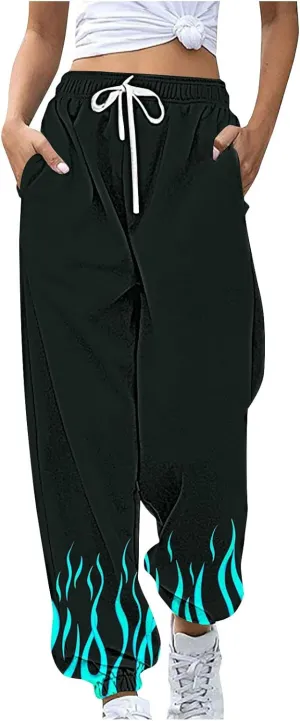 Sweatpants for Women Novelty Flame Printed Drawstring Waisted Cinch Bottom Joggers Baggy Lounge Pants with Pockets