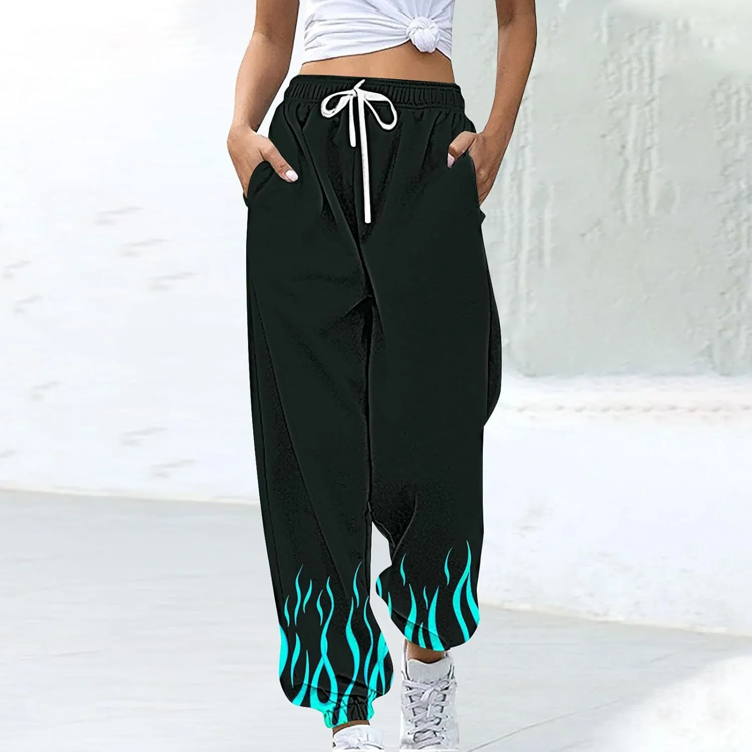 Sweatpants for Women Novelty Flame Printed Drawstring Waisted Cinch Bottom Joggers Baggy Lounge Pants with Pockets