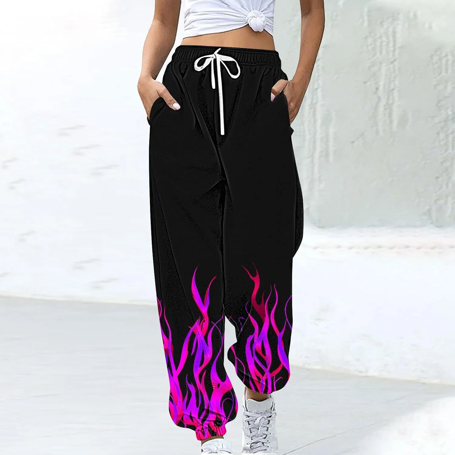 Sweatpants for Women Novelty Flame Printed Drawstring Waisted Cinch Bottom Joggers Baggy Lounge Pants with Pockets