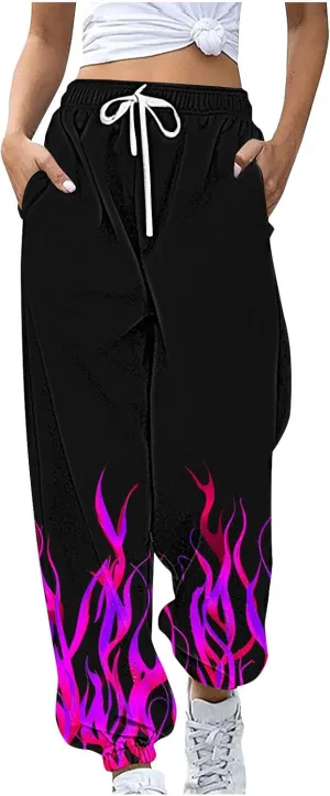 Sweatpants for Women Novelty Flame Printed Drawstring Waisted Cinch Bottom Joggers Baggy Lounge Pants with Pockets