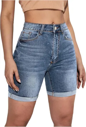 SweatyRocks Women's High Waist Roll Up Hem Denim Shorts Slim Fit Bermuda Jeans Shorts with Pockets