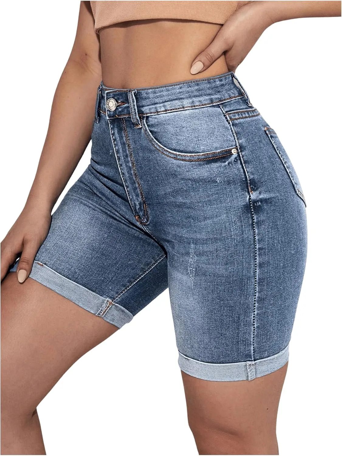 SweatyRocks Women's High Waist Roll Up Hem Denim Shorts Slim Fit Bermuda Jeans Shorts with Pockets