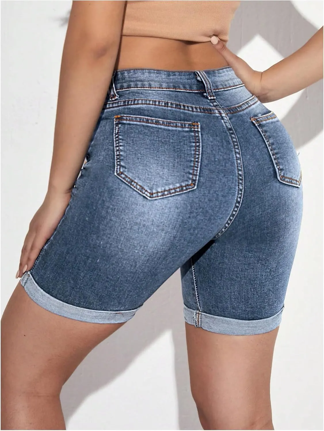 SweatyRocks Women's High Waist Roll Up Hem Denim Shorts Slim Fit Bermuda Jeans Shorts with Pockets