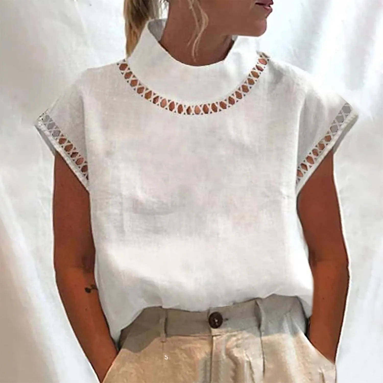 T Shirt for Women Fall Winter Cap Sleeve High Neck Linen Loose Fit Long Cardigan Plain Tops T Shirt Women 2024