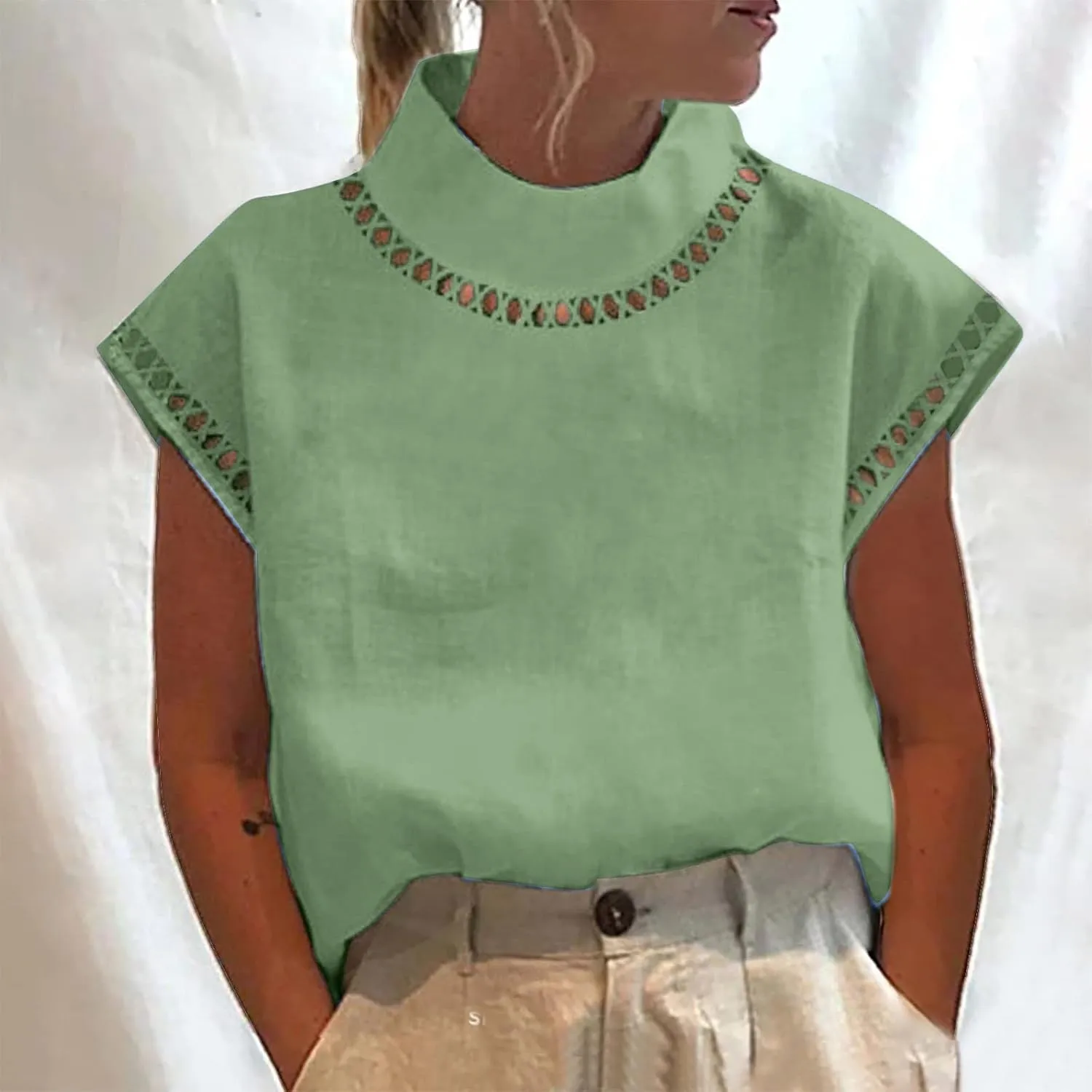 T Shirt for Women Fall Winter Cap Sleeve High Neck Linen Loose Fit Long Cardigan Plain Tops T Shirt Women 2024