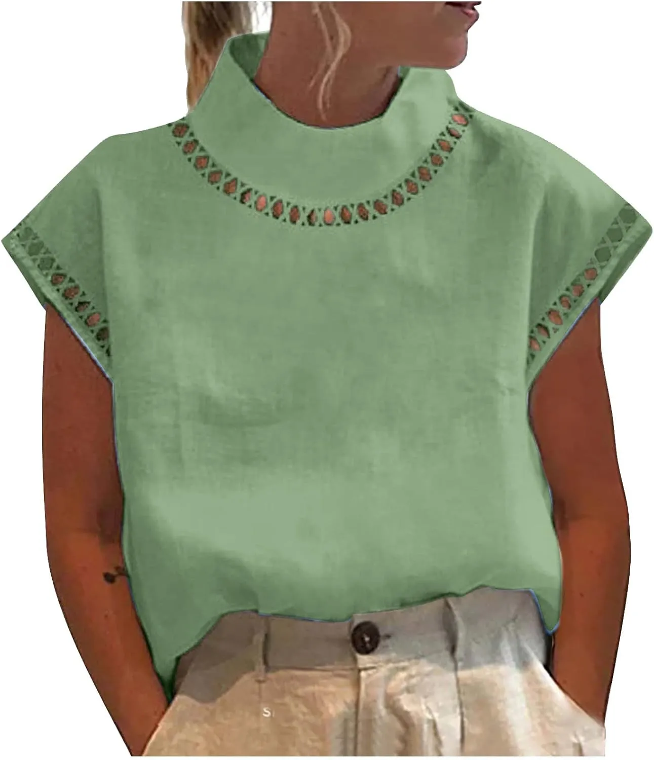 T Shirt for Women Fall Winter Cap Sleeve High Neck Linen Loose Fit Long Cardigan Plain Tops T Shirt Women 2024