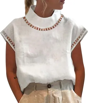 T Shirt for Women Fall Winter Cap Sleeve High Neck Linen Loose Fit Long Cardigan Plain Tops T Shirt Women 2024