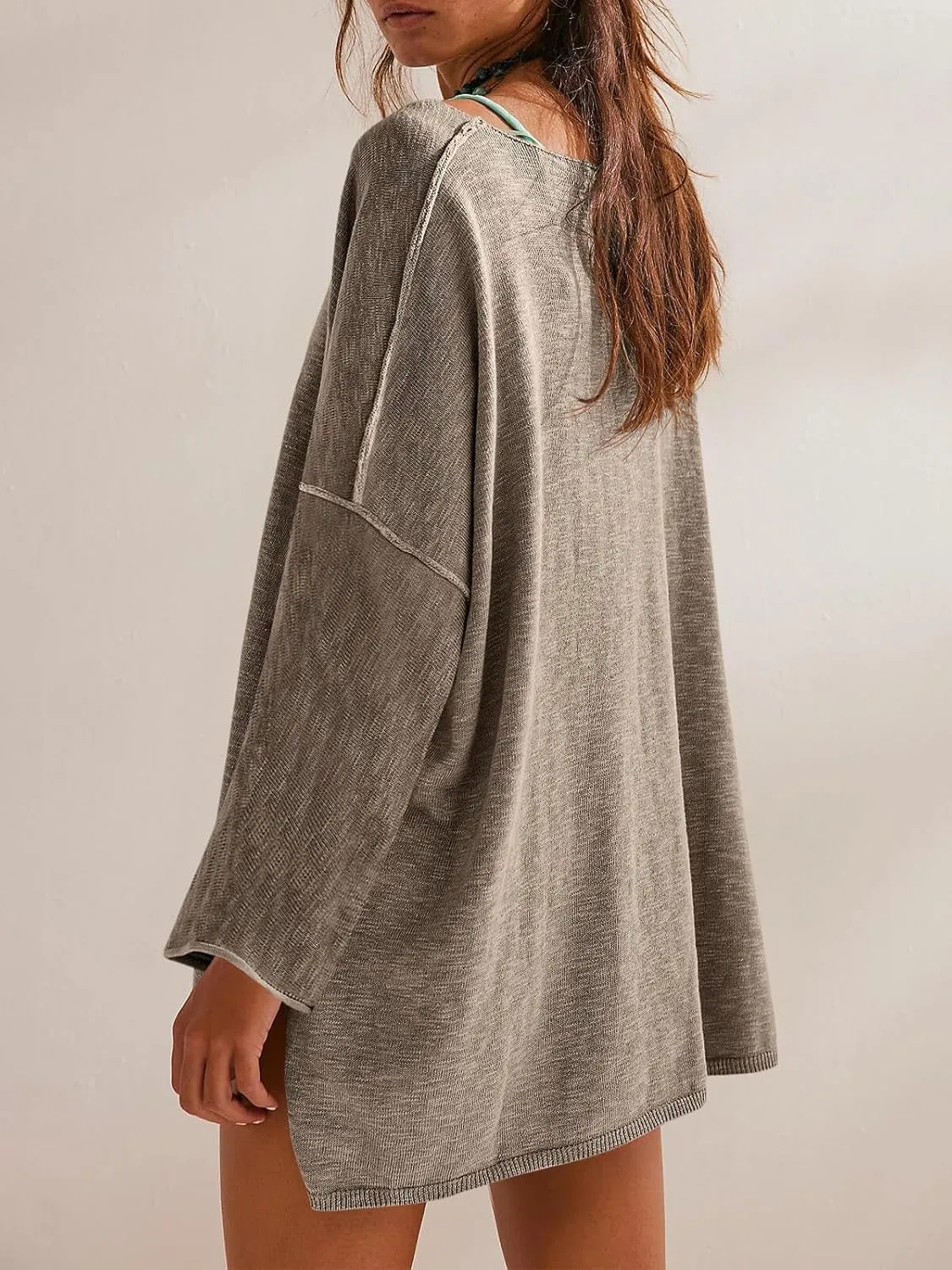 Tankaneo Womens Long Sleeve Shirts Oversized Lightweight Sweaters Crewneck Side Slit Hem Casual Blouse Tunic Tops