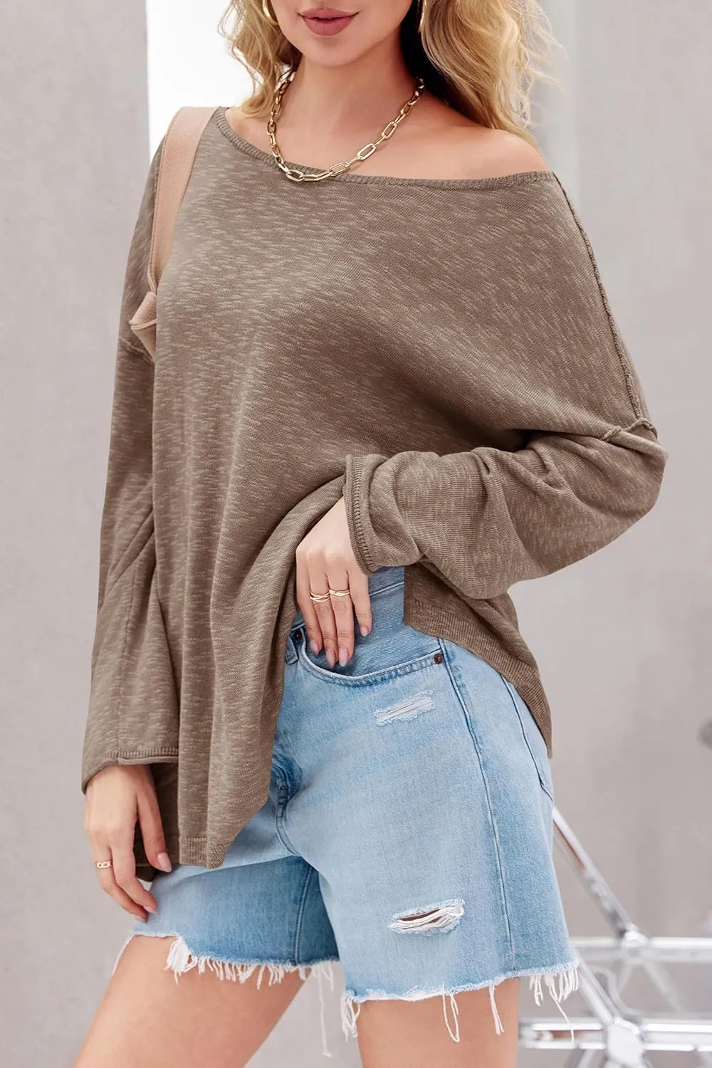 Tankaneo Womens Long Sleeve Shirts Oversized Lightweight Sweaters Crewneck Side Slit Hem Casual Blouse Tunic Tops