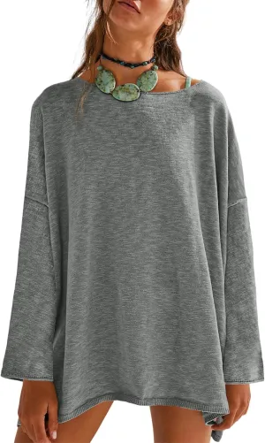 Tankaneo Womens Long Sleeve Shirts Oversized Lightweight Sweaters Crewneck Side Slit Hem Casual Blouse Tunic Tops