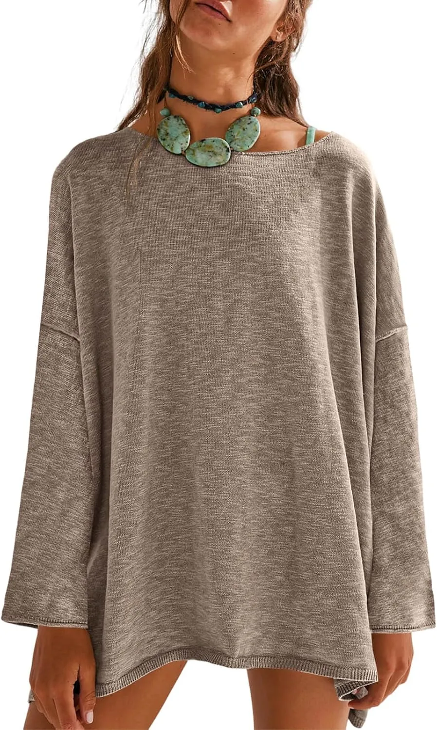 Tankaneo Womens Long Sleeve Shirts Oversized Lightweight Sweaters Crewneck Side Slit Hem Casual Blouse Tunic Tops
