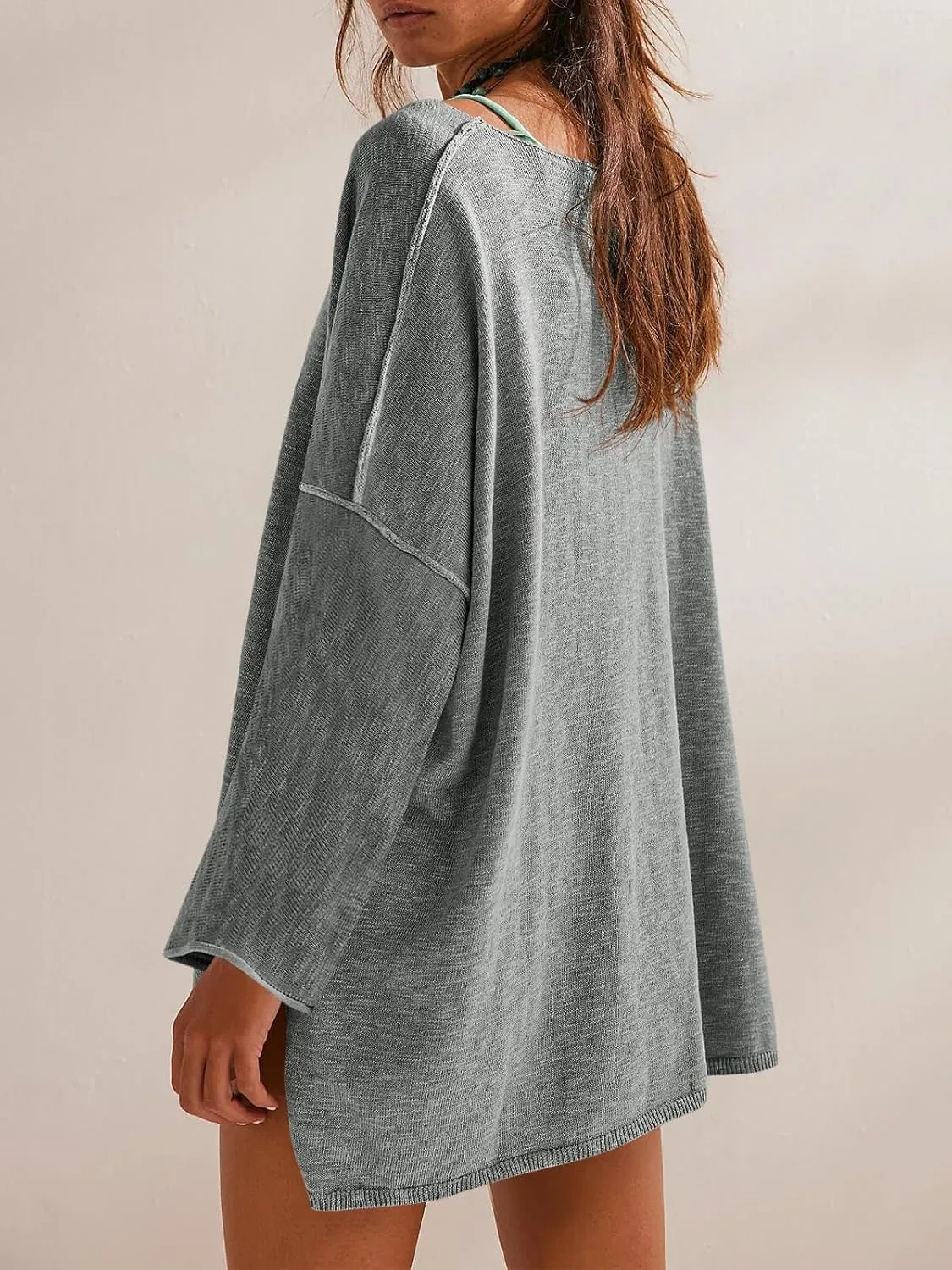 Tankaneo Womens Long Sleeve Shirts Oversized Lightweight Sweaters Crewneck Side Slit Hem Casual Blouse Tunic Tops
