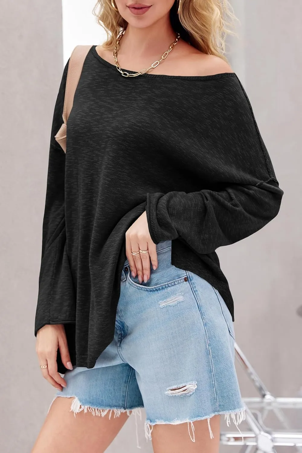 Tankaneo Womens Long Sleeve Shirts Oversized Lightweight Sweaters Crewneck Side Slit Hem Casual Blouse Tunic Tops