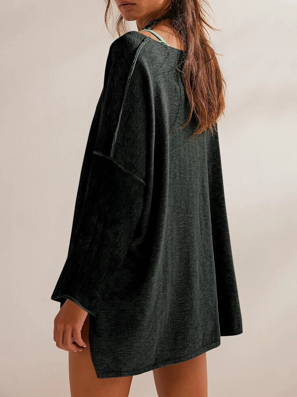 Tankaneo Womens Long Sleeve Shirts Oversized Lightweight Sweaters Crewneck Side Slit Hem Casual Blouse Tunic Tops