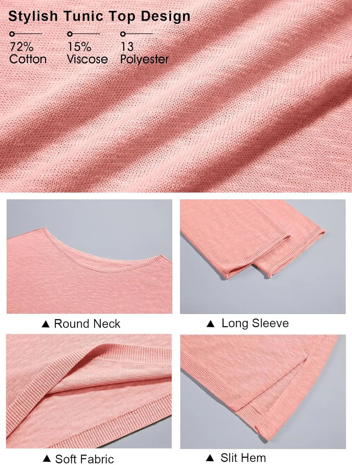 Tankaneo Womens Long Sleeve Shirts Oversized Lightweight Sweaters Crewneck Side Slit Hem Casual Blouse Tunic Tops