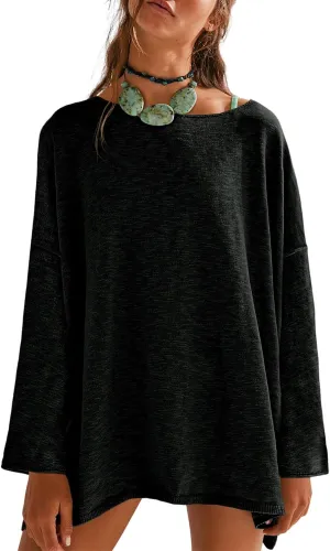 Tankaneo Womens Long Sleeve Shirts Oversized Lightweight Sweaters Crewneck Side Slit Hem Casual Blouse Tunic Tops