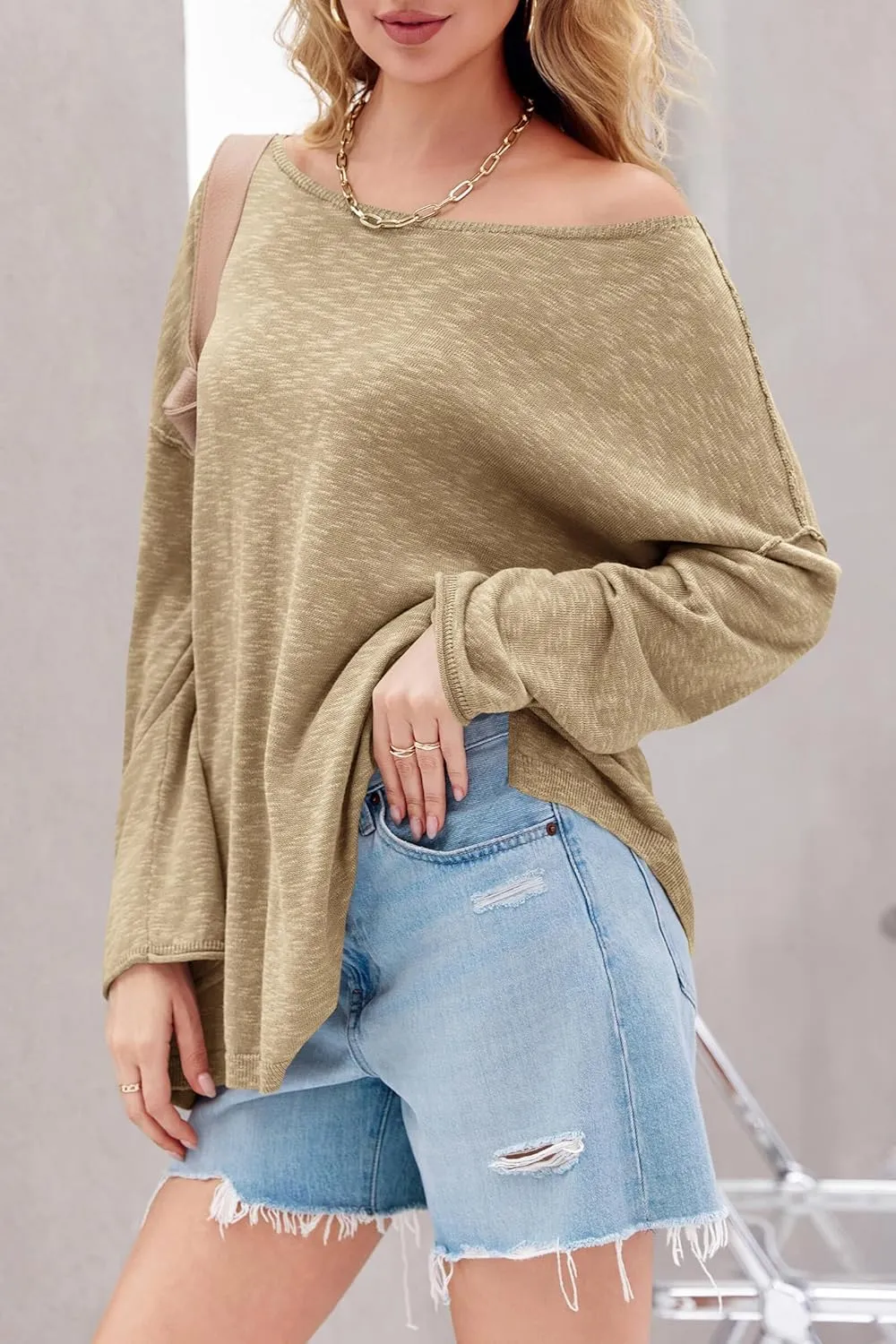 Tankaneo Womens Long Sleeve Shirts Oversized Lightweight Sweaters Crewneck Side Slit Hem Casual Blouse Tunic Tops