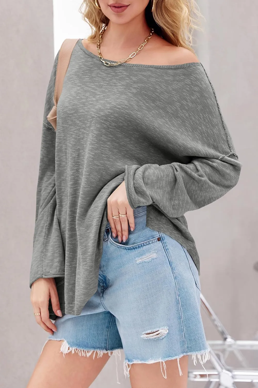 Tankaneo Womens Long Sleeve Shirts Oversized Lightweight Sweaters Crewneck Side Slit Hem Casual Blouse Tunic Tops