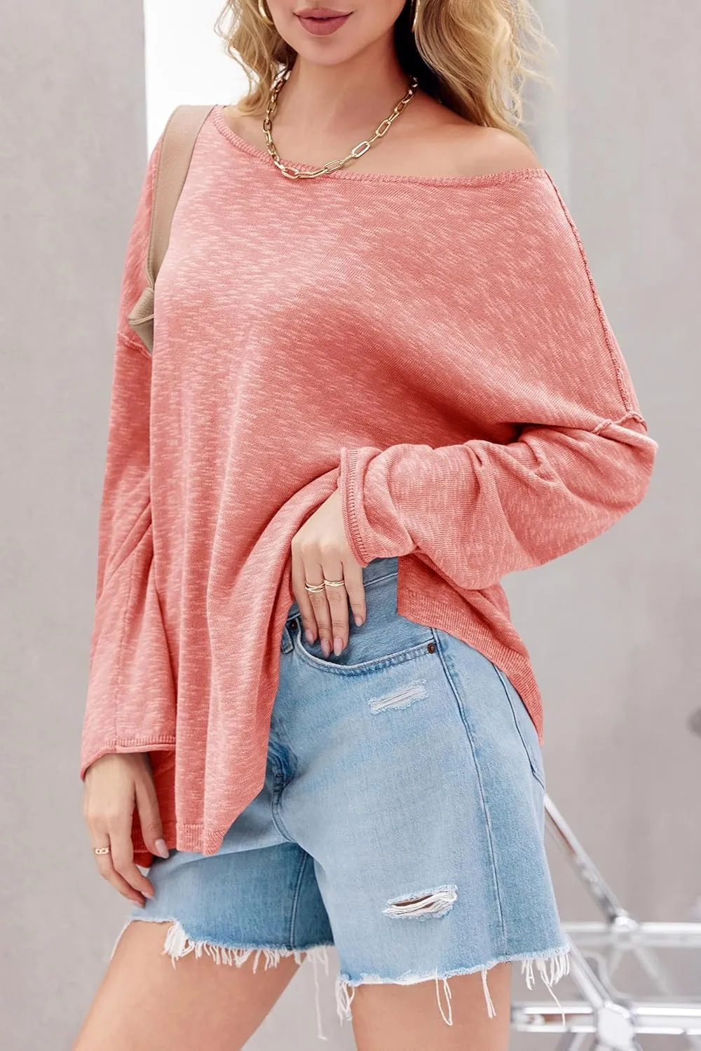 Tankaneo Womens Long Sleeve Shirts Oversized Lightweight Sweaters Crewneck Side Slit Hem Casual Blouse Tunic Tops