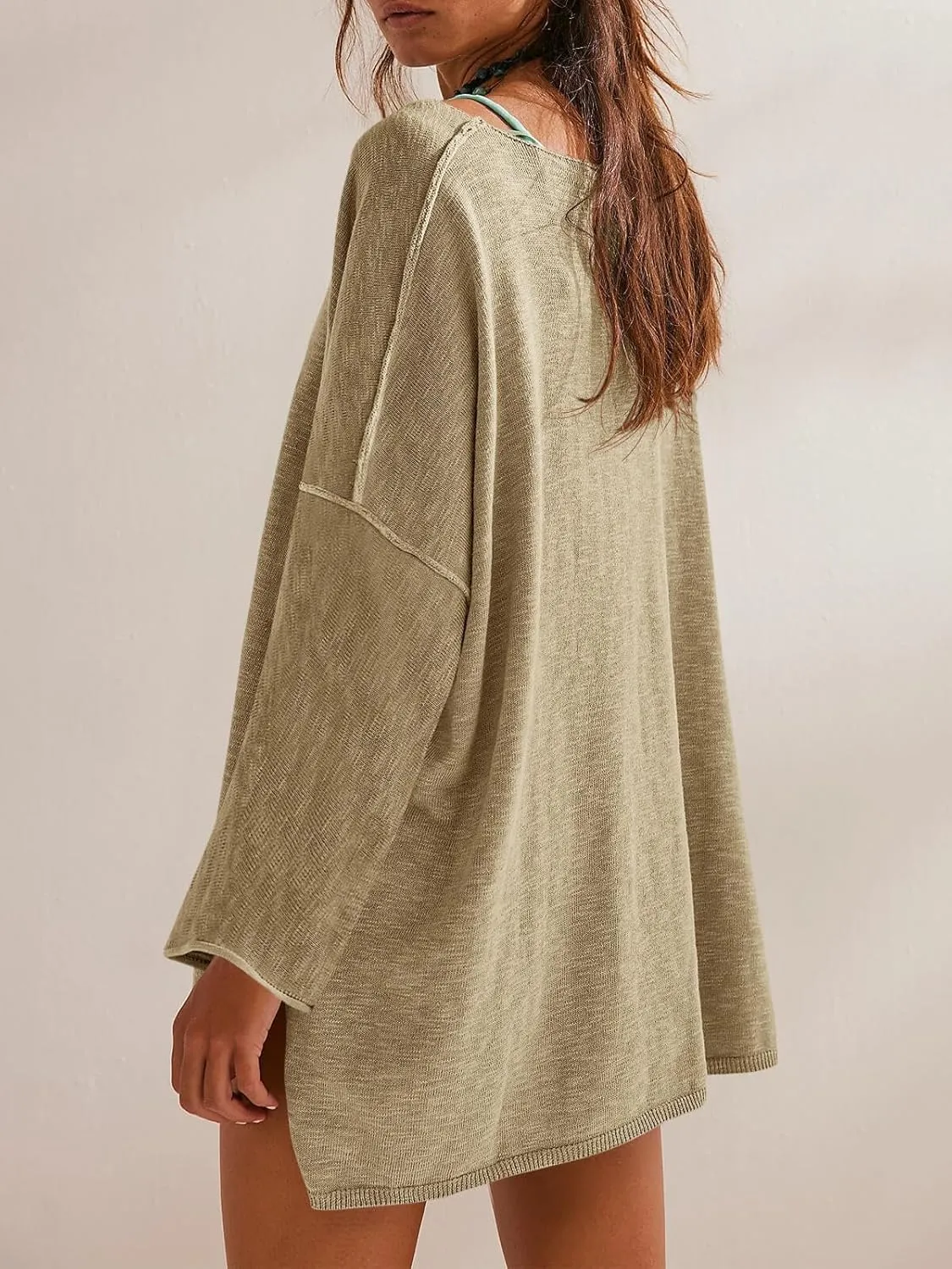 Tankaneo Womens Long Sleeve Shirts Oversized Lightweight Sweaters Crewneck Side Slit Hem Casual Blouse Tunic Tops