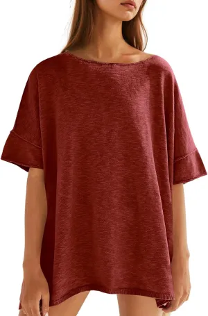 Tankaneo Women's Oversized T Shirts Casual Summer Crew Neck Loose Dropped Short Sleeve Side Slit Hem Blouse Tops Burgundy