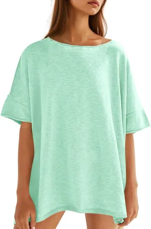 Tankaneo Women's Oversized T Shirts Casual Summer Crew Neck Loose Dropped Short Sleeve Side Slit Hem Blouse Tops Light Green