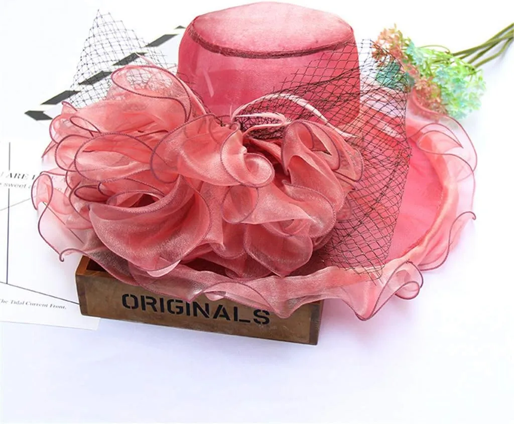 Tea Party Accessories for Women Wide Brim Flower Fascinator Hats Summer Ruffles Cap Sun Bowler