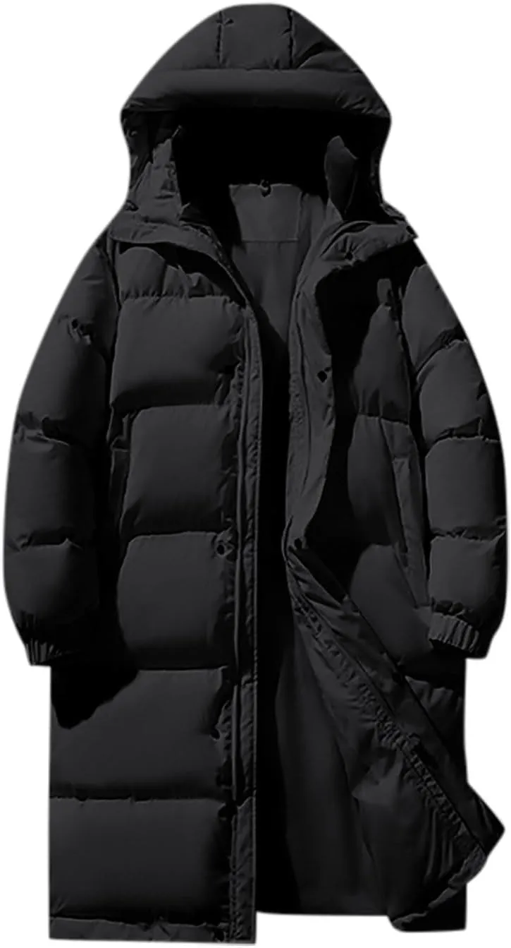 Unisex Mens Puffer Jacket Winter Thicken Waterproof Windproof Long Quilted Trench Coat Thermal Down Coats with Hood
