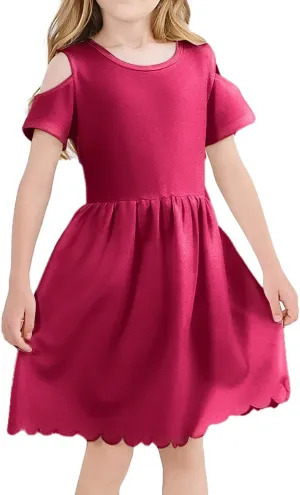 VASCHY Girls' Scallop-Detail Cutout-Sleeve A-Line Dress for Wedding/Birthday/Party Swing Twirly Summer Outfits Clothes Kids