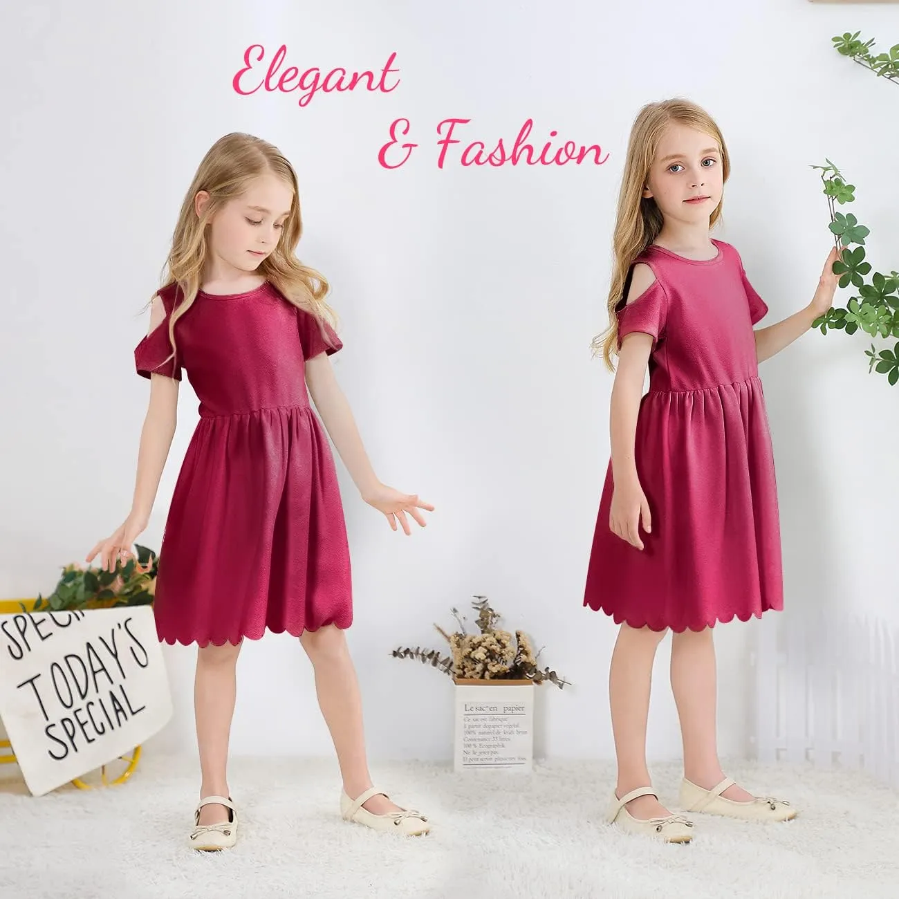 VASCHY Girls' Scallop-Detail Cutout-Sleeve A-Line Dress for Wedding/Birthday/Party Swing Twirly Summer Outfits Clothes Kids