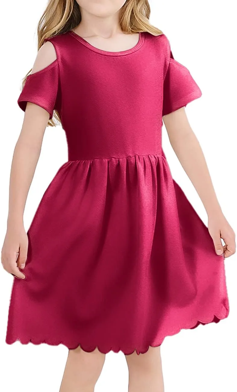 VASCHY Girls' Scallop-Detail Cutout-Sleeve A-Line Dress for Wedding/Birthday/Party Swing Twirly Summer Outfits Clothes Kids