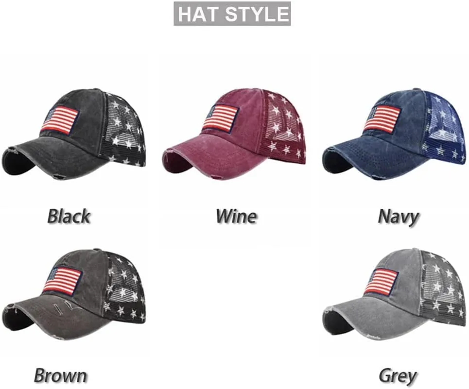 Vintage Half Mesh Baseball Cap Embroidery USA Flag Stars Washed Denim Trucker Cap Cotton Sun Hat Adjustable Unisex