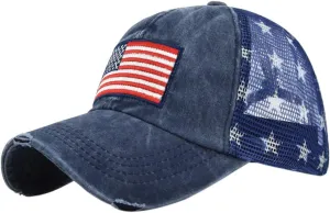 Vintage Half Mesh Baseball Cap Embroidery USA Flag Stars Washed Denim Trucker Cap Cotton Sun Hat Adjustable Unisex