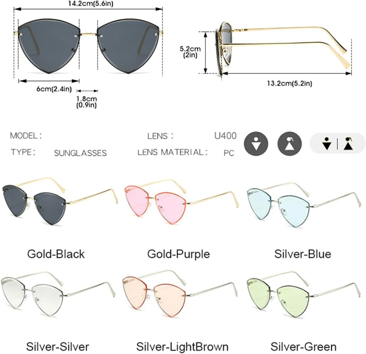 Vintage Rimless Sunglasses for Women Men Luxury Cat Eye Uv400
