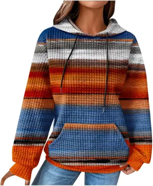 Waffle Knit Hoodies for Women Trendy Oversized Sweatshirts Fall Winter Causal Drawstring Preppy Pullover Sweaters