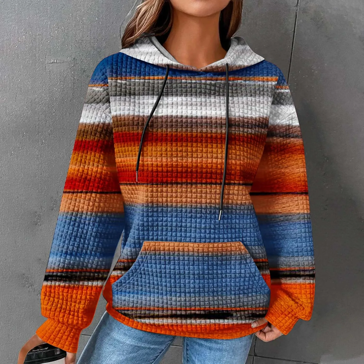 Waffle Knit Hoodies for Women Trendy Oversized Sweatshirts Fall Winter Causal Drawstring Preppy Pullover Sweaters