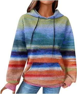 Waffle Knit Hoodies for Women Trendy Oversized Sweatshirts Fall Winter Causal Drawstring Preppy Pullover Sweaters