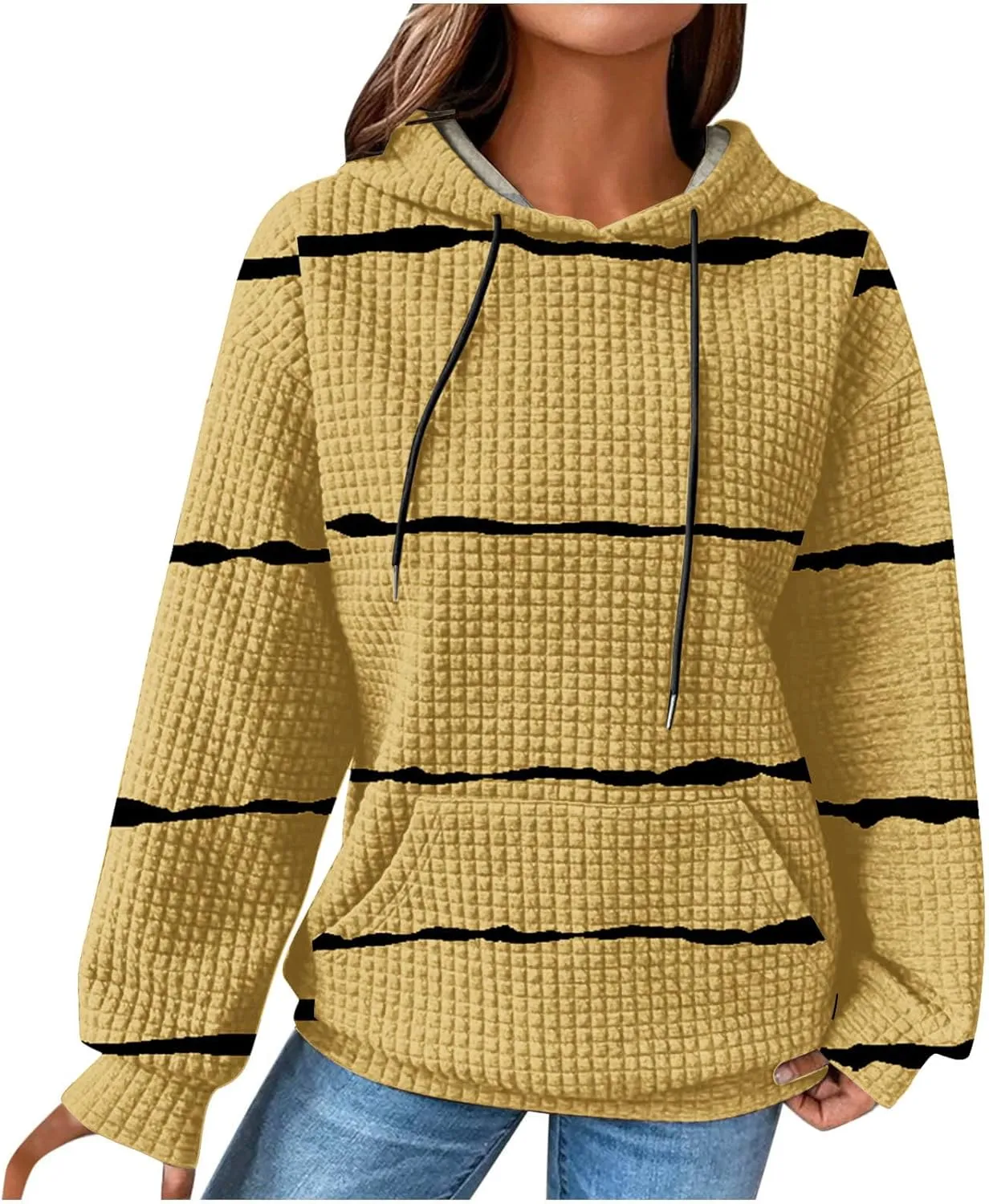 Waffle Knit Hoodies for Women Trendy Oversized Sweatshirts Fall Winter Causal Drawstring Preppy Pullover Sweaters