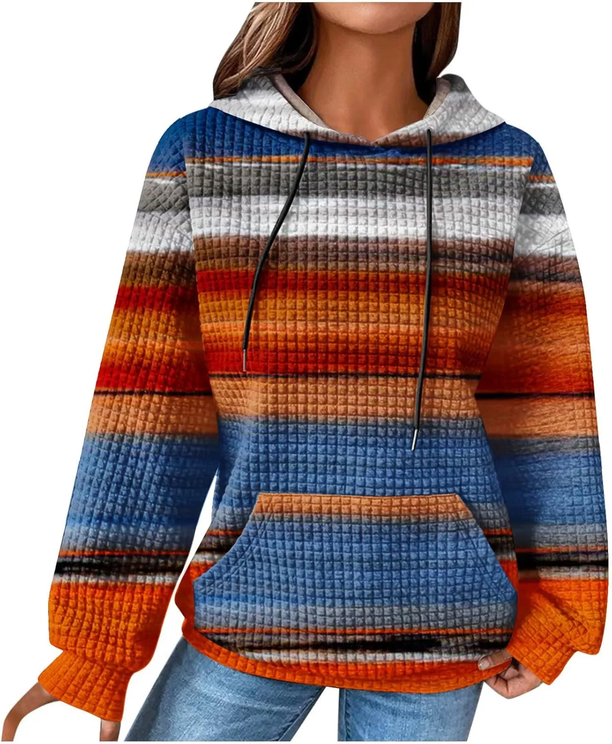 Waffle Knit Hoodies for Women Trendy Oversized Sweatshirts Fall Winter Causal Drawstring Preppy Pullover Sweaters