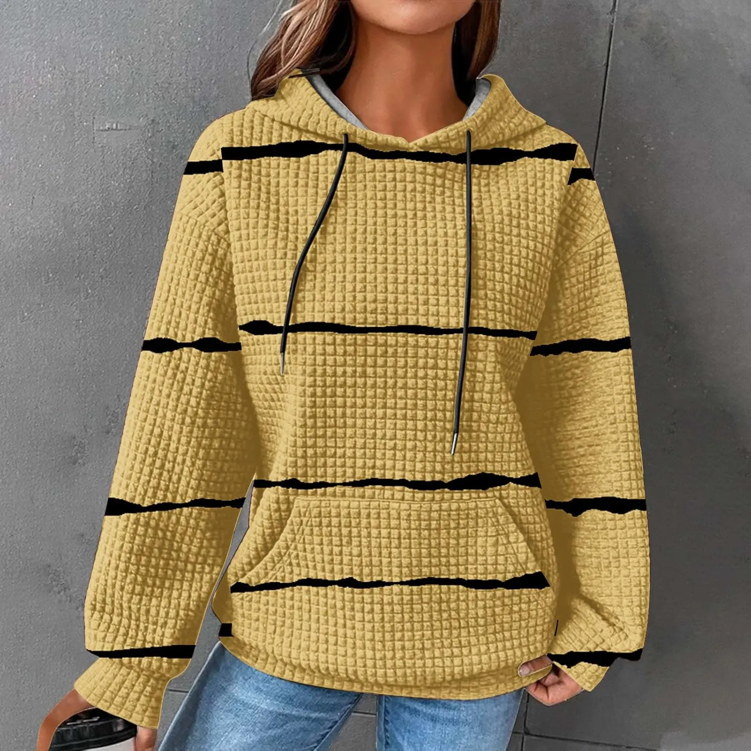 Waffle Knit Hoodies for Women Trendy Oversized Sweatshirts Fall Winter Causal Drawstring Preppy Pullover Sweaters