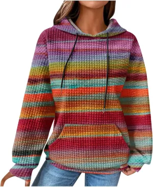 Waffle Knit Hoodies for Women Trendy Oversized Sweatshirts Fall Winter Causal Drawstring Preppy Pullover Sweaters