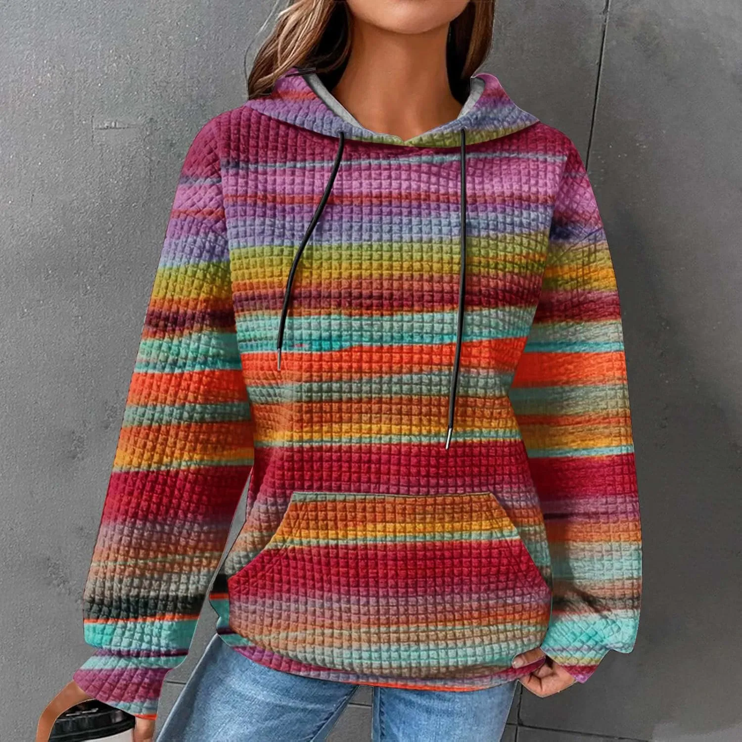 Waffle Knit Hoodies for Women Trendy Oversized Sweatshirts Fall Winter Causal Drawstring Preppy Pullover Sweaters