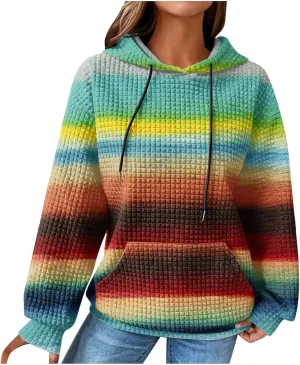 Waffle Knit Hoodies for Women Trendy Oversized Sweatshirts Fall Winter Causal Drawstring Preppy Pullover Sweaters