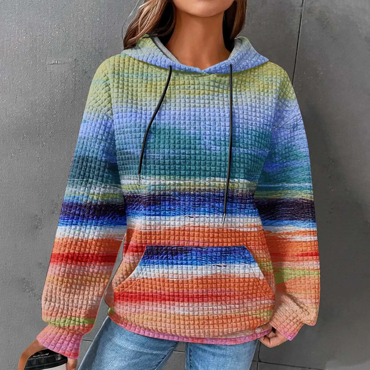Waffle Knit Hoodies for Women Trendy Oversized Sweatshirts Fall Winter Causal Drawstring Preppy Pullover Sweaters