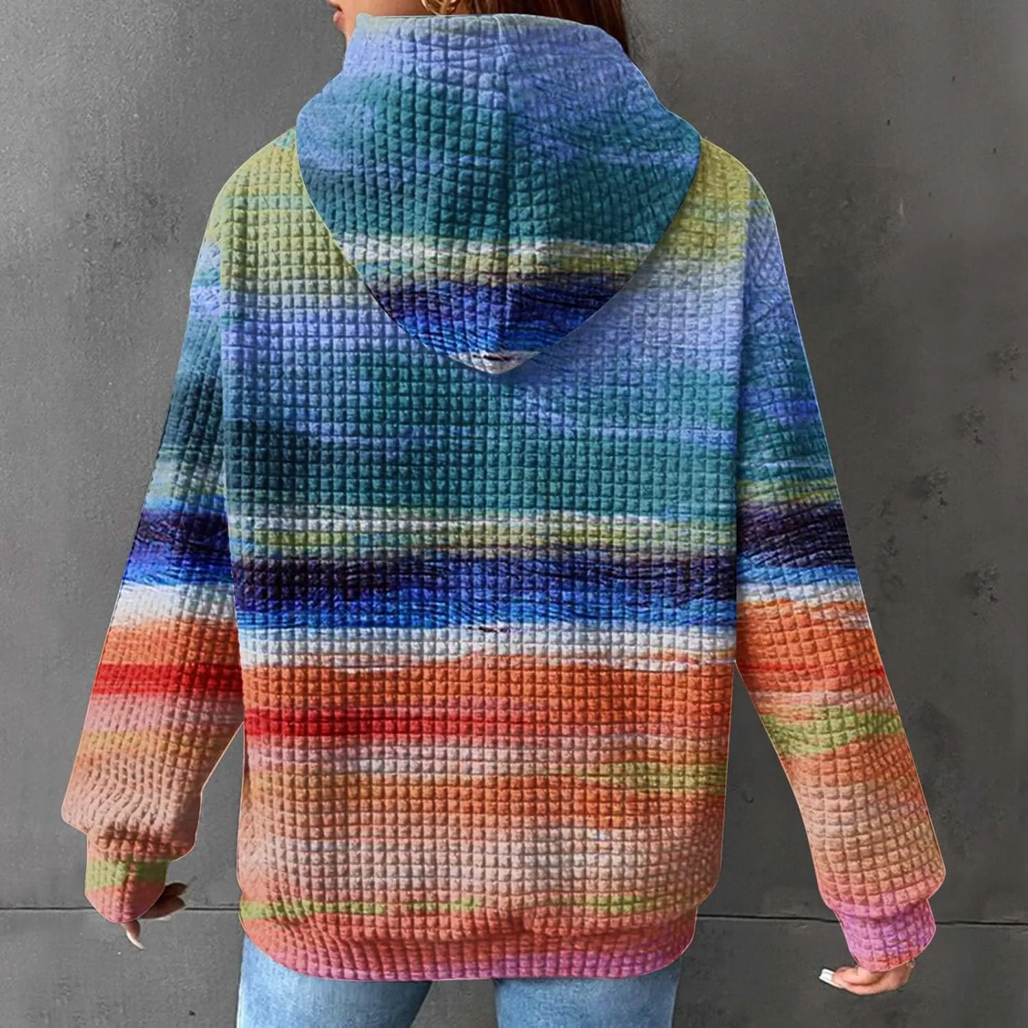 Waffle Knit Hoodies for Women Trendy Oversized Sweatshirts Fall Winter Causal Drawstring Preppy Pullover Sweaters