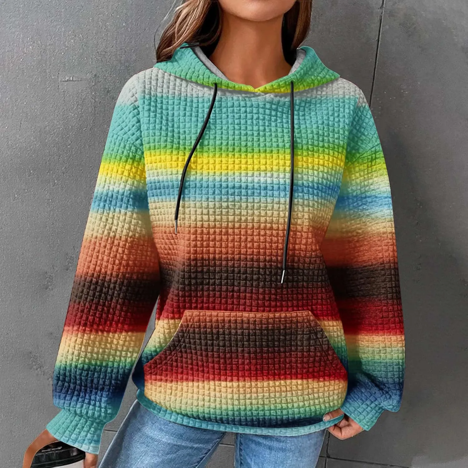 Waffle Knit Hoodies for Women Trendy Oversized Sweatshirts Fall Winter Causal Drawstring Preppy Pullover Sweaters