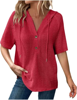 Waffle Knit Short Sleeve Tops for Women Spring Waffle Knit Tops Drawstring Hoodies Button V Neck Casual Blouses Shirts